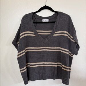 CJLA Rae Sweater Charcoal and Cream Striped V-Neck Size M